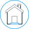 Simple line drawing of a house inside a blue circle. The house has a door, a small chimney, and a roof, all outlined in gray, black, and blue.
