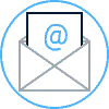 An icon of an open envelope with a letter inside, displaying the @ symbol. The entire image is enclosed within a blue circle.
