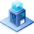 Isometric illustration of a blue server or data center with a cloud icon above it, representing cloud computing or data storage on a light platform.