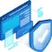 An isometric illustration of a computer screen with digital files, connected to a shield featuring a checkmark, symbolizing cybersecurity and secure online transactions.