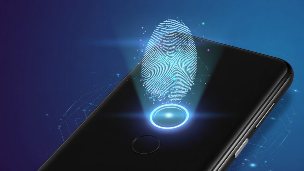 Smartphone fingerprint scanner demonstrating passkey biometric authentication for business security
